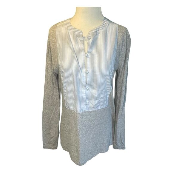 J. Crew Striped Bib-Front Mix Media Top Gray Blue White Long Sleeve Henley S - Picture 2 of 7